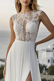 Ivory Chiffon Bateau Sweep Train A Line Boho Wedding Dress with Lace