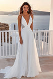 Ivory Chiffon V Neck Sweep Train A Line Boho Wedding Dress
