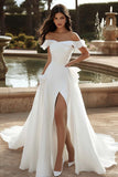 Ivory Off The Shoulder Sweep Train A Line Wedding Dress with Slit