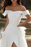 Ivory Off The Shoulder Sweep Train A Line Wedding Dress with Slit