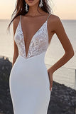 Ivory Chiffon Sweep Train Mermaid V Neck Boho Wedding Dress with Lace