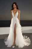 Ivory Lace Sweep Train Mermaid Boho Wedding Dress with Slit