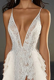 Ivory Lace Sweep Train Mermaid Boho Wedding Dress with Slit
