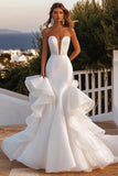 Ivory Mermaid Strapless Ruffled Sweep Train Boho Wedding Dress with Lace