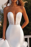Ivory Mermaid Strapless Ruffled Sweep Train Boho Wedding Dress with Lace