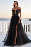 Black Tulle Off The Shoulder A Line Formal Dress With Slit