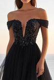 Black Tulle Off The Shoulder A Line Formal Dress With Slit
