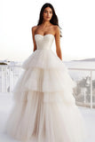 Ivory Tulle A Line Tiered Strapless Floor Length Wedding Dress