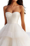Ivory Tulle A Line Tiered Strapless Floor Length Wedding Dress