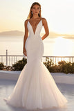 Ivory Tulle Mermaid Spaghetti Straps Sweep Train Boho Wedding Dress