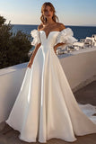 Ivory Off The Shoulder Ruffled Satin A Line Sweep Train Boho Wedding Dress