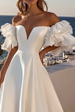 Ivory Off The Shoulder Ruffled Satin A Line Sweep Train Boho Wedding Dress