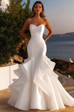 Ivory Mermaid Strapless Satin Sweep Train Boho Wedding Dress