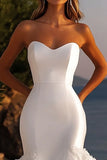 Ivory Mermaid Strapless Satin Sweep Train Boho Wedding Dress