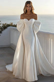Ivory Mermaid Off the Shoulder Satin Sweep Train Boho Wedding Dress