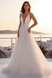 Ivory Tulle A Line Pleated Deep V Neck Sweep Train Boho Wedding Dress