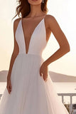 Ivory Tulle A Line Pleated Deep V Neck Sweep Train Boho Wedding Dress