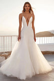 Ivory Spaghetti Strapless Mermaid Tulle Sweep Train Boho Wedding Dress