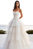 Ivory Tiered Tulle A Line Strapless Pleated Sweep Train Boho Wedding Dress