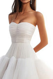 Ivory Tiered Tulle A Line Strapless Pleated Sweep Train Boho Wedding Dress