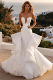 Ivory Strapless Mermaid Organza Ruffled Sweep Train Wedding Dress with Lace