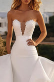 Ivory Strapless Mermaid Organza Ruffled Sweep Train Wedding Dress with Lace