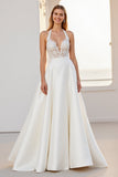 Ivory Halter A Line Satin Sweep Train Boho Wedding Dress with Lace