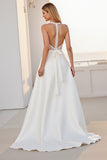 Ivory Halter A Line Satin Sweep Train Boho Wedding Dress with Lace