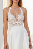 Ivory Halter A Line Satin Sweep Train Boho Wedding Dress with Lace