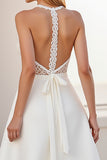 Ivory Halter A Line Satin Sweep Train Boho Wedding Dress with Lace