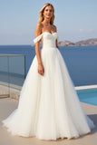 Ivory Crepe Tulle A Line Off The Shoulder Sweep Train Boho Wedding Dress