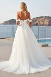 Ivory Crepe Tulle A Line Off The Shoulder Sweep Train Boho Wedding Dress