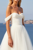 Ivory Crepe Tulle A Line Off The Shoulder Sweep Train Boho Wedding Dress