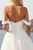 Ivory Crepe Tulle A Line Off The Shoulder Sweep Train Boho Wedding Dress