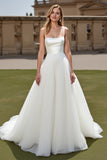Ivory Spaghetti Straps A Line Organza Satin Sweep Train Wedding Dress