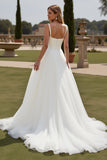Ivory Spaghetti Straps A Line Organza Satin Sweep Train Wedding Dress