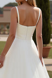 Ivory Spaghetti Straps A Line Organza Satin Sweep Train Wedding Dress