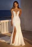 Ivory Spaghetti Straps Mermaid Tulle Sweep Train Boho Wedding Dress With Slit