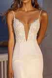 Ivory Spaghetti Straps Mermaid Tulle Sweep Train Boho Wedding Dress With Slit
