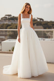 Ivory Square Neck A Line Crepe Tulle Sweep Train Boho Wedding Dress