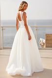 Ivory Square Neck A Line Crepe Tulle Sweep Train Boho Wedding Dress