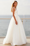 Ivory Square Neck A Line Crepe Tulle Sweep Train Boho Wedding Dress
