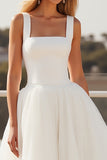 Ivory Square Neck A Line Crepe Tulle Sweep Train Boho Wedding Dress
