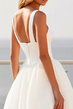Ivory Square Neck A Line Crepe Tulle Sweep Train Boho Wedding Dress
