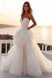 Ivory Tulle Strapless Pleated A Line Sweep Train Boho Wedding Dress