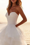 Ivory Tulle Strapless Pleated A Line Sweep Train Boho Wedding Dress