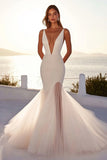 Ivory Deep V Neck Mermaid Tulle Pleated Floor Length Boho Wedding Dress