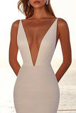 Ivory Deep V Neck Mermaid Tulle Pleated Floor Length Boho Wedding Dress