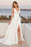 Ivory Chiffon V Neck A Line Sweep Train Boho Wedding Dress with Slit