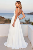 Ivory Chiffon V Neck A Line Sweep Train Boho Wedding Dress with Slit